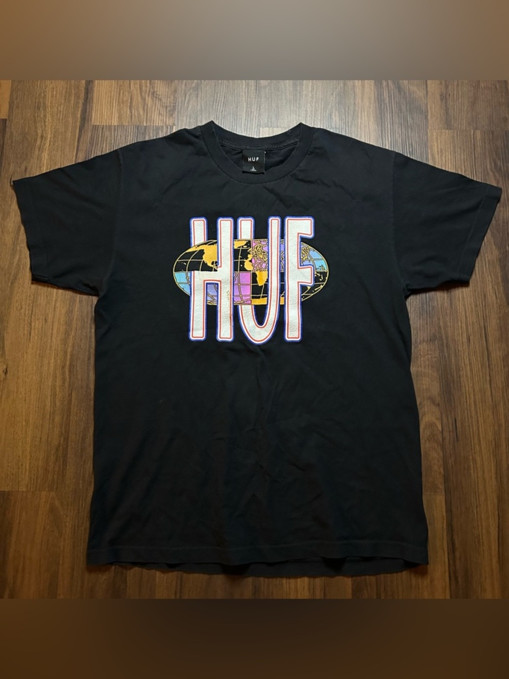 HUF Black Tee with Multicolor Globe Logo